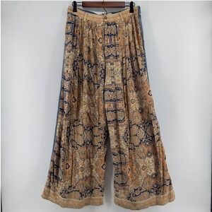 Free People Denim Wide Leg Pants Boho Paisley Blue Orange Size 28 Mixed Media
